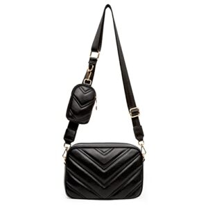 herald chevron quilted small crossbody bag with coin purse pouch women square snapshot camera side shoulder 2 size handbag (black)