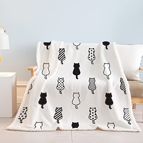 SOULZZZ Fuzzy Cat Blanket for Women Fleece Cozy Sherpa Cat Blankets and Throws Cute Soft Cat Blankets for People Cat Lovers Girls Plush Kawaii Kitten Blanket (Black and White,50x60 Inches)