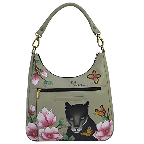 Anna by Anuschka womens Anna Anuschka Women s Genuine Leather Large Classic Hobo Hand Painted Original Artwork Exterior, Garden Panther, One Size US