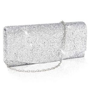 yokawe women’s clutch purse glitter evening bag prom party bride wedding handbag (silver)