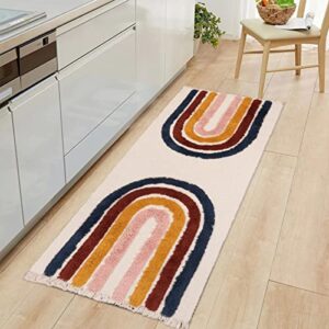 ailsan boho kitchen rug 2×5, tufted hand woven nursery area rugs cotton tassel area rug colorful rainbow tufting runner throw indoor rugs for vanity farmhouse bedroom runner bedside playroom