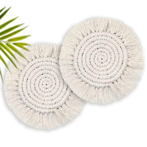 Coasters for Drinks Absorbent, Boho Coasters for Wooden Table, Farmhouse Drink Coaster Set for Kinds of Mugs and Cups, Cute Macrame Coasters for Housewarming Gift, 2PCS Round, Beige