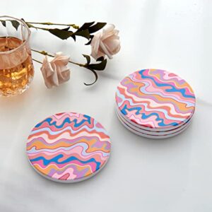 RoomTalks Retro Groovy Colorful Coasters for Drink Absorbent 4pcs, Psychedelic Stripe Abstract Art Ceramic Coaster Set for Wooden Coffee Table with Cork Base, Tabletop Protection, Housewarming Gift