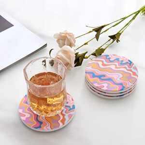 RoomTalks Retro Groovy Colorful Coasters for Drink Absorbent 4pcs, Psychedelic Stripe Abstract Art Ceramic Coaster Set for Wooden Coffee Table with Cork Base, Tabletop Protection, Housewarming Gift