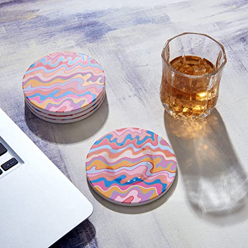 RoomTalks Retro Groovy Colorful Coasters for Drink Absorbent 4pcs, Psychedelic Stripe Abstract Art Ceramic Coaster Set for Wooden Coffee Table with Cork Base, Tabletop Protection, Housewarming Gift