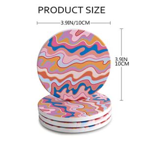 RoomTalks Retro Groovy Colorful Coasters for Drink Absorbent 4pcs, Psychedelic Stripe Abstract Art Ceramic Coaster Set for Wooden Coffee Table with Cork Base, Tabletop Protection, Housewarming Gift