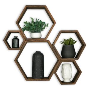 floating shelves – hexagonal premium wood shelves – set of 5 – rustic farmhouse decor – honeycomb display shelf – wall shelves for bathroom, bedroom, kitchen, office & living room – easy installation