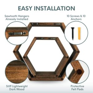 Floating Shelves – Hexagonal Premium Wood Shelves – Set of 5 – Rustic Farmhouse Decor – Honeycomb Display Shelf – Wall Shelves for Bathroom, Bedroom, Kitchen, Office & Living Room - Easy Installation