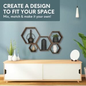 Floating Shelves – Hexagonal Premium Wood Shelves – Set of 5 – Rustic Farmhouse Decor – Honeycomb Display Shelf – Wall Shelves for Bathroom, Bedroom, Kitchen, Office & Living Room - Easy Installation