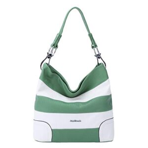 women handbag purse vegan leather hobo shoulder bag soft tote bag for women-green/white