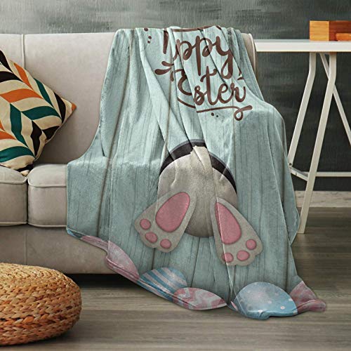 Happy Easter Flannel Fleece Throw Blanket Soft Blankets,40x50In Cute Bunny Tail Stripes Eggs Lightweight Micrifiber Blanket for Kid/Teen/Men Bedroom, Living Room Couch Sofa Teal Wooden Grain