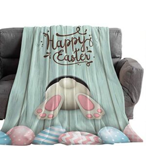 Happy Easter Flannel Fleece Throw Blanket Soft Blankets,40x50In Cute Bunny Tail Stripes Eggs Lightweight Micrifiber Blanket for Kid/Teen/Men Bedroom, Living Room Couch Sofa Teal Wooden Grain