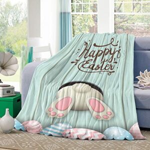 Happy Easter Flannel Fleece Throw Blanket Soft Blankets,40x50In Cute Bunny Tail Stripes Eggs Lightweight Micrifiber Blanket for Kid/Teen/Men Bedroom, Living Room Couch Sofa Teal Wooden Grain