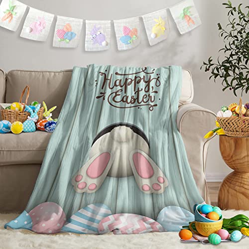 Happy Easter Flannel Fleece Throw Blanket Soft Blankets,40x50In Cute Bunny Tail Stripes Eggs Lightweight Micrifiber Blanket for Kid/Teen/Men Bedroom, Living Room Couch Sofa Teal Wooden Grain