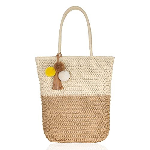 Hirooms Women Beach Bag Straw Woven Shoulder Bag Tote Bag Crossbody Bucket Handbags Summer Handmade Hobo Purse Bamboo Handle (Two-tone Tote-Khaki)