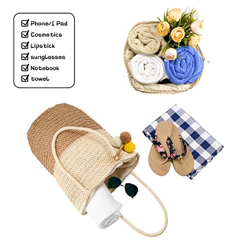 Hirooms Women Beach Bag Straw Woven Shoulder Bag Tote Bag Crossbody Bucket Handbags Summer Handmade Hobo Purse Bamboo Handle (Two-tone Tote-Khaki)