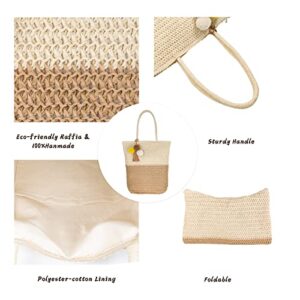 Hirooms Women Beach Bag Straw Woven Shoulder Bag Tote Bag Crossbody Bucket Handbags Summer Handmade Hobo Purse Bamboo Handle (Two-tone Tote-Khaki)