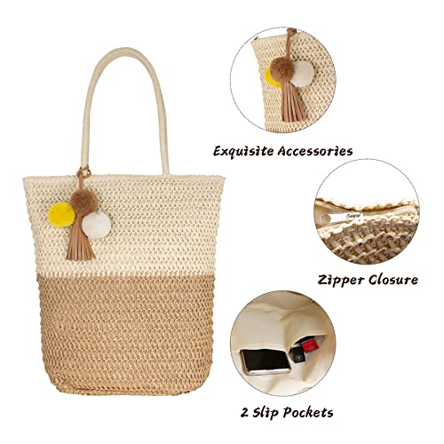 Hirooms Women Beach Bag Straw Woven Shoulder Bag Tote Bag Crossbody Bucket Handbags Summer Handmade Hobo Purse Bamboo Handle (Two-tone Tote-Khaki)