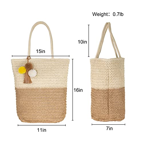 Hirooms Women Beach Bag Straw Woven Shoulder Bag Tote Bag Crossbody Bucket Handbags Summer Handmade Hobo Purse Bamboo Handle (Two-tone Tote-Khaki)