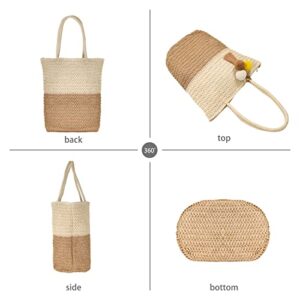 Hirooms Women Beach Bag Straw Woven Shoulder Bag Tote Bag Crossbody Bucket Handbags Summer Handmade Hobo Purse Bamboo Handle (Two-tone Tote-Khaki)