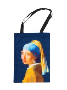 today is art day – johannes vermeer – girl with pearl earring – pixel art – tote bag – 13.5″ x 17.5″