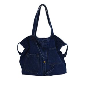 denim tote bag casual style lightweight classic retro travel shopper shoulder handbag crossbody handbag (dark blue)