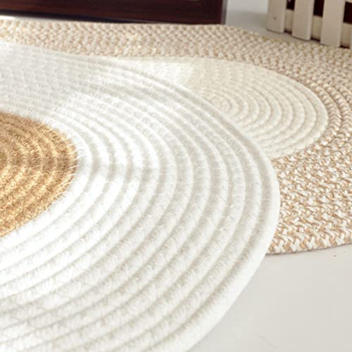 Cotton Braided Rug Mat for Front Door Kitchen Bathroom Oval Doormat Absorbent Quick Dry Mat Reversible Living Room Carpet 17.5"x25.5" White & Brown