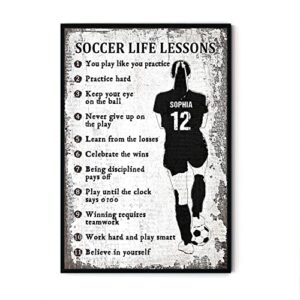 365fury soccer life lessons poster with personalized name and number wall art for girls room perfect gifts for birthday anniversary holidays rustic picture without frame