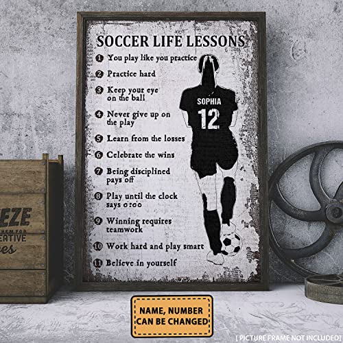 365FURY Soccer Life Lessons Poster with Personalized Name and Number Wall Art For Girls Room Perfect Gifts For Birthday Anniversary Holidays Rustic Picture Without Frame