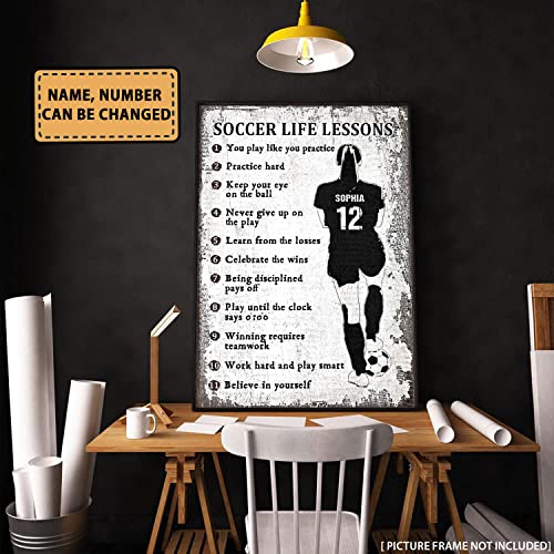 365FURY Soccer Life Lessons Poster with Personalized Name and Number Wall Art For Girls Room Perfect Gifts For Birthday Anniversary Holidays Rustic Picture Without Frame