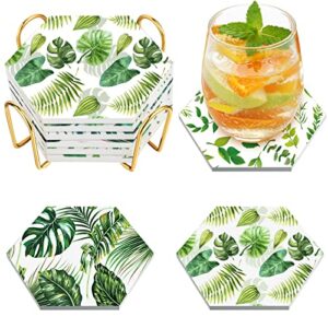 6 pcs plant coasters with holder gold absorbent, drink coasters hexagon farmhouse ceramic table coaster set cute coasters, decorative bar wine coasters coffee cup coasters, greenery leaves design