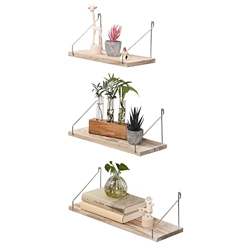 MITIME Floating Shelves Set of 3 Rustic Solid Wood Floating Shelf Wall Storage Shelves for Living Room, Bedroom, Bathroom, Kitchen Laundry, Office (Light Colour L+M+S)