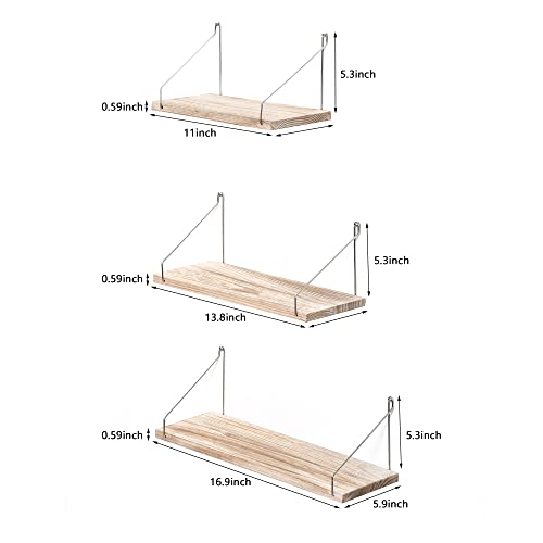 MITIME Floating Shelves Set of 3 Rustic Solid Wood Floating Shelf Wall Storage Shelves for Living Room, Bedroom, Bathroom, Kitchen Laundry, Office (Light Colour L+M+S)