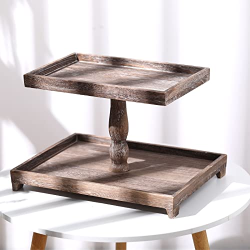 Farmhouse Tiered Tray Stand Rustic Wood Tiered Tray Decor Holder Farmhouse Wooden Tiered Tray Decorative 2 Tier Rectangular Tray Serving Farmhouse Two Tiered Stand for Home Kitchen Cake (Brown)