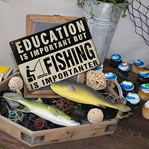 Fishing Decor Fishing Signs Lake House Decor Metal Sign - Education is important But Fishing is Importanter - 12x8 Inches Cabin Decor Man Cave Decor Tin Sign