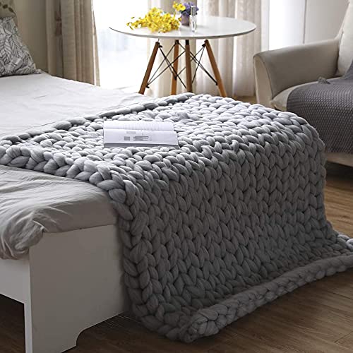 ourrco Chunky Knit Blanket Merino Warm Nap Blanket Arm Knitting Throw Handmade Knitting for Bedroom Decor Chair Sofa Pet Mat (47x60x1.1in/(120x150cm), Light Grey)