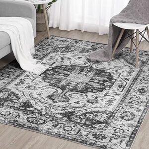 caromio grey area rug washable boho distressed rug large non-slip 8×10 area rug low-pile stain resistant vintage area rug for living room bedroom, 8′ x 10′ grey