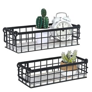 mygift decorative storage baskets with handles, black metal wire and whitewashed wood rectangular wall baskets, set of 2