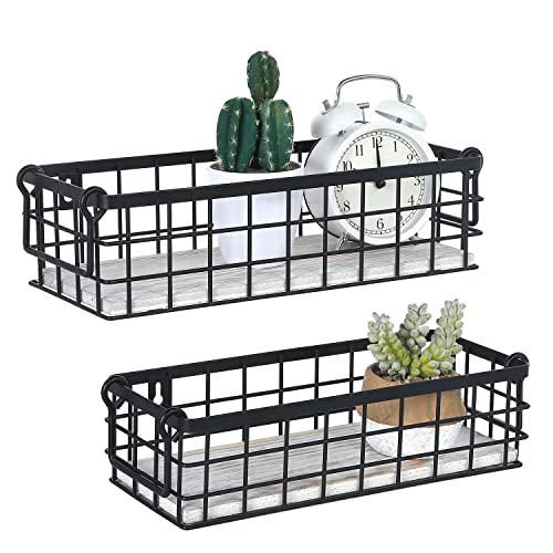 MyGift Decorative Storage Baskets with Handles, Black Metal Wire and Whitewashed Wood Rectangular Wall Baskets, Set of 2