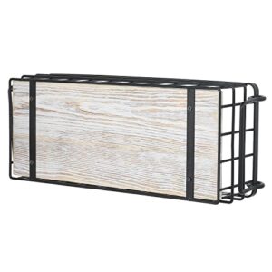 MyGift Decorative Storage Baskets with Handles, Black Metal Wire and Whitewashed Wood Rectangular Wall Baskets, Set of 2