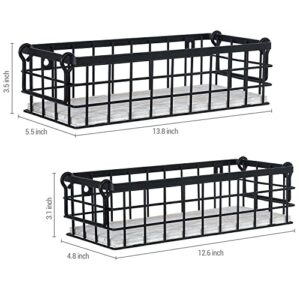 MyGift Decorative Storage Baskets with Handles, Black Metal Wire and Whitewashed Wood Rectangular Wall Baskets, Set of 2