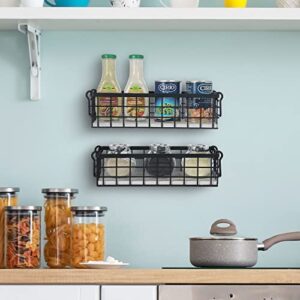 MyGift Decorative Storage Baskets with Handles, Black Metal Wire and Whitewashed Wood Rectangular Wall Baskets, Set of 2