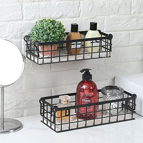 MyGift Decorative Storage Baskets with Handles, Black Metal Wire and Whitewashed Wood Rectangular Wall Baskets, Set of 2