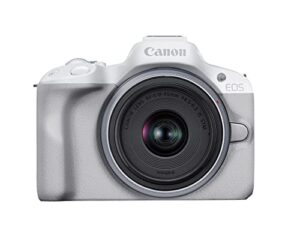 canon eos r50 mirrorless vlogging camera (white) w/rf-s18-45mm f4.5-6.3 is stm lens, 24.2 mp, 4k video, subject detection & tracking, compact, smartphone connection, content creator