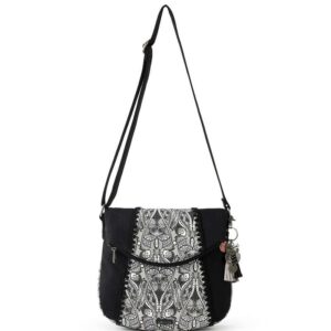 Sakroots Foldover Crossbody Bag in Cotton Canvas, Multifunctional Purse with Adjustable Strap & Zipper Pockets, Black & White Soulful Desert 2