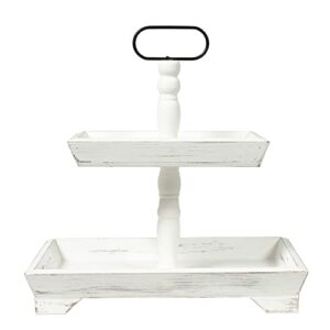 dugunusu farmhouse two tiered tray stand, rectangle rustic wood two tiered tray, wooden cake stand kitchen tiered tray, decor serving tray for home farmhouse décor (white)