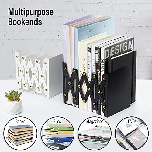 Expandable Bookend, Adjustable Metal Book End, Desk Magazine File Organizer Holder, Desk Organizer and Accessories for Office, Books, Papers, Extends up to 19 Inches (Black)