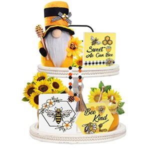 5 pcs honey bee gnome tiered tray decor (tray not included) – bumble bee gnome plush, bee world day wooden sign, bee wooden bead garland ,for spring and summer kitchen table decor