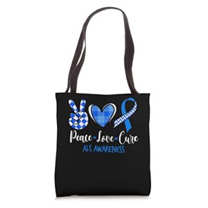peace love cure blue & white ribbon als awareness month tote bag