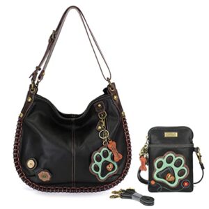 chala hobo style large bag shoulder purse with & chala zip wallet combo set (black_ teal paw hobo & crossbody combo)